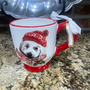 Potter’s Studio pedestal mug - adorable pup with plaid
bandana- red handle
NEW